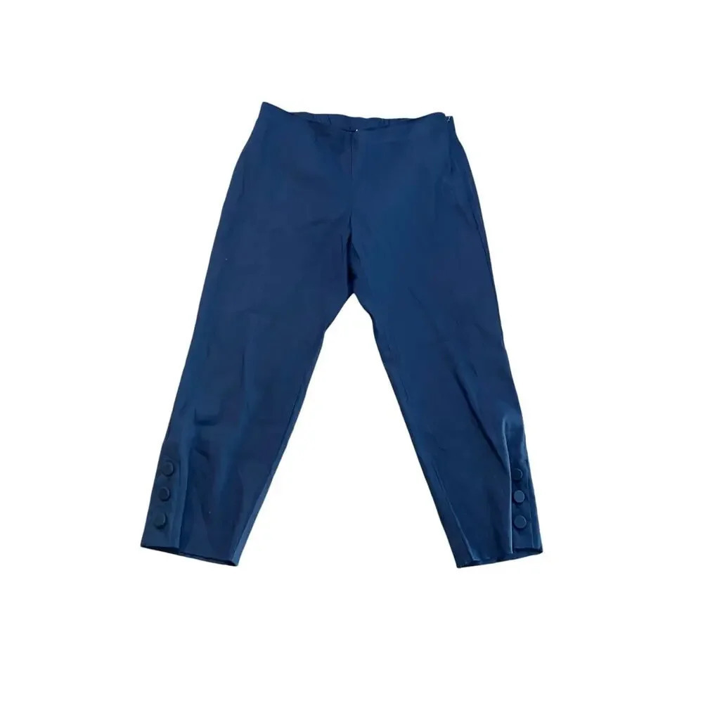 NWT J.Jill Navy Blue Linen Stretch Pull On Button Detail Cropped Pants Size MP